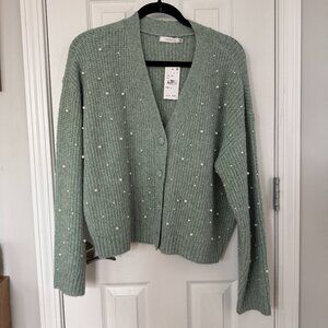 Lush Mint green sage green and pearl cardigan size L